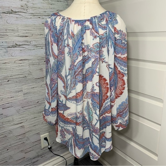 Chaps Boho White Blue Floral Tunic Blouse Flowy Round Neck Balloon Sleeves Sz L - Picture 7 of 11